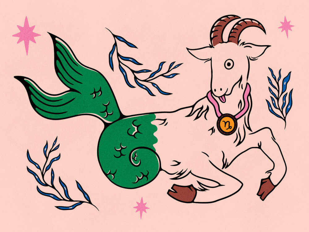 Илюстрация на коза със зелена опашка на русалка.  Козата е с изплезен език и носи медальон на врата си.  върху медалиното има символ на Козирог.
