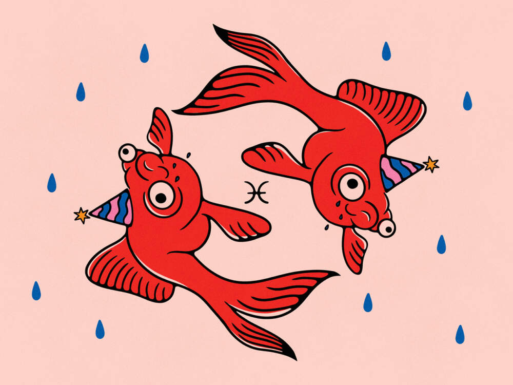 Илюстрация на две златни рибки, плуващи в кръг.  златните рибки носят малки парти шапки с розови и сини криволичещи ивици и златна звезда на върха.  Между рибата е символът на Риби.