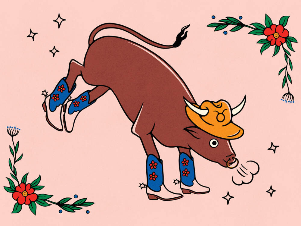 Илюстрация на бик, обут в сини каубойски ботуши на четирите крака.  Също така носи жълта каубойска шапка със символа на Телец върху нея.
