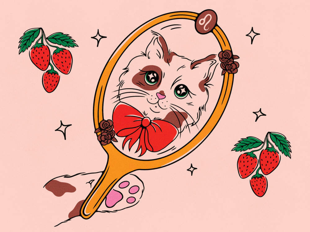 Илюстрация на котка, носеща червен лък около врата си и гледаща в ръчно огледало с искри в очите.  В горната част на огледалото има малък символ на Лъв