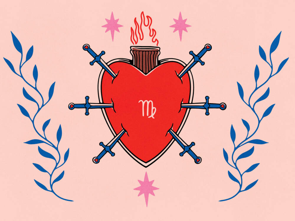 Илюстрация на горящо сърце, прободено от шест меча.  в средата на сърцето е символът Дева