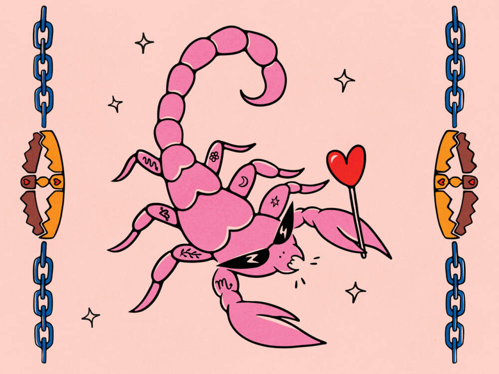 Илюстрация на розов скорпион, носещ слънчеви очила и държащ близалка във формата на сърце.  Символът на Скорпион е на предната ръка като татуировка.  другата ръка и крака имат символни татуировки, както и звезда, луна, цвете и змия.
