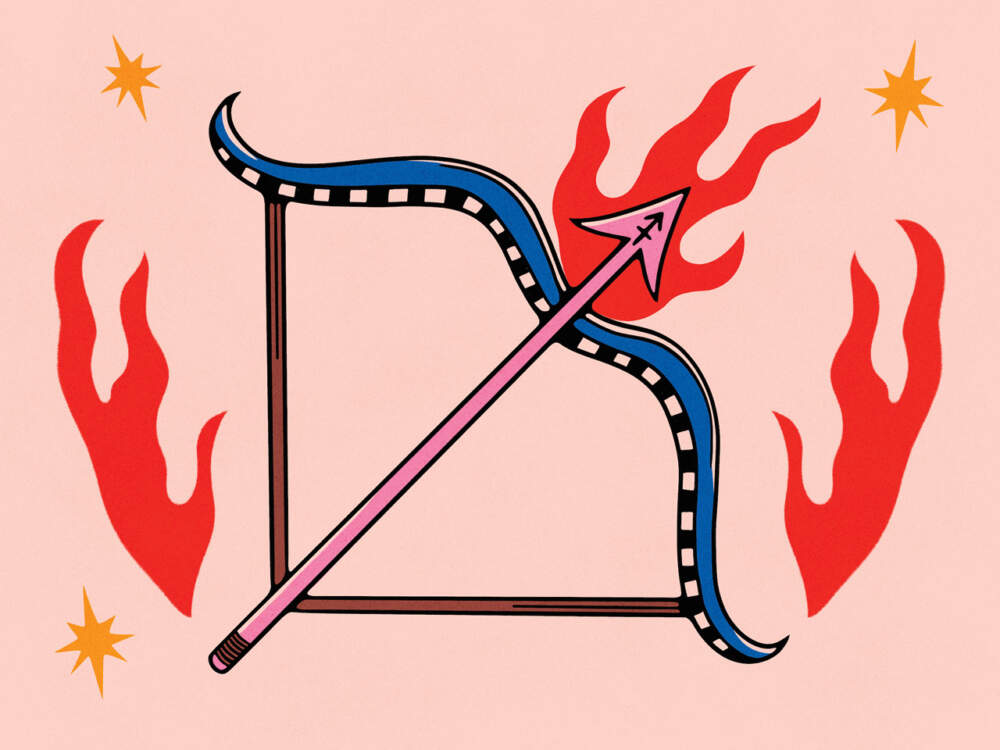 Илюстрация на лък и стрела с горящ връх.  на върха на стрелата има символ на Стрелец.